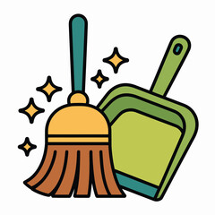 Cartoon broom and dustpan with sparkling stars for cleaning and tidiness