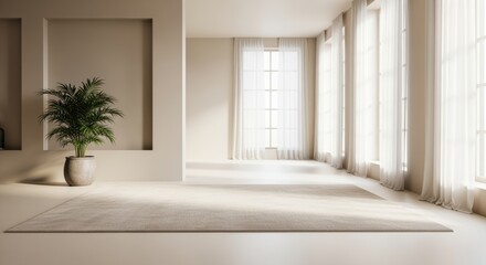 A minimalist beige rug centers the clean, open living room's empty floor space.