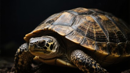 Obraz premium Close-up of a tortoise with detailed shell patterns and textured skin, set against a dark background highlighting its features.