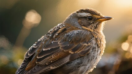 A close-up of a small bird with intricate feather patterns illuminated by warm sunlight, perched calmly with a blurred natural background.