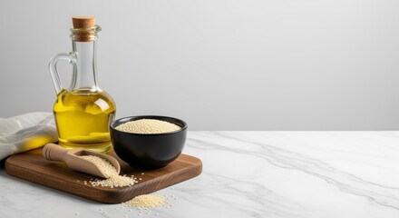 Obraz premium Delicious cookery utilizes a natural wooden bowl against a blurred background with a bottle and glasses, enhancing the culinary food presentation.