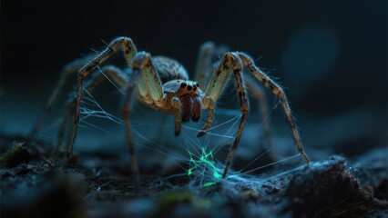 Fototapeta premium Close-up of a spider weaving its intricate web in a dark environment, highlighting its detailed legs and glowing silk strands.
