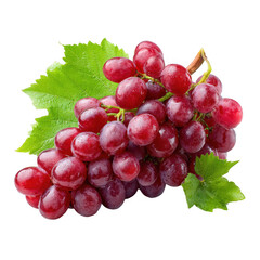 Fototapeta premium Fresh red grapes with water droplets and green leaves isolated on transparent background