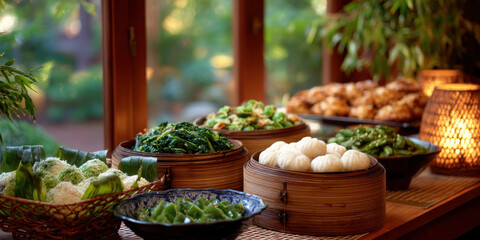 Steamed dumplings and fresh vegetables served bamboo steamers and bowls wooden table with warm natural light creating cozy