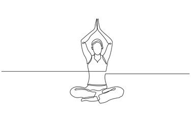 Woman practicing yoga one continuous line art. Girl sitting in lotus pose, single line of woman sitting yoga isolated on white background, Person sitting in lotus.