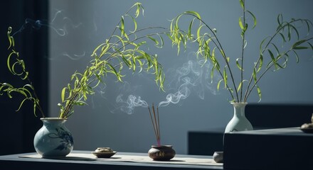 Minimalist Incense Sticks with Smoke and Green Branches in Vases | Serene Home Decor for Meditation, Relaxation and Wellness Marketing