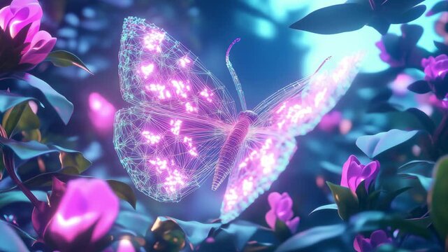 A glowing purple butterfly flutters gracefully amidst colorful flowers in a mystical forest setting during twilight