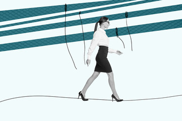 Sketch contemporary art photo collage of happy girl guy stand hand control rope tension...