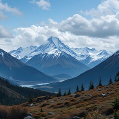 Fototapeta premium A breathtaking view of a snow-capped mountain range under a partly cloudy sky, with a winding river flowing through a forested autumn valley in the foreground.