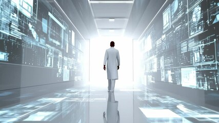 A man in a white lab coat walks alone in a high tech corridor illuminated by glowing digital screens showing various health data analytics - Powered by Adobe
