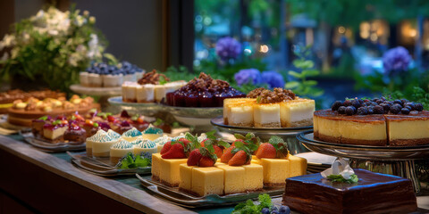 Fototapeta premium Cheesecake dessert with strawberry and blueberry topping on buffet table with elegant presentation and natural background