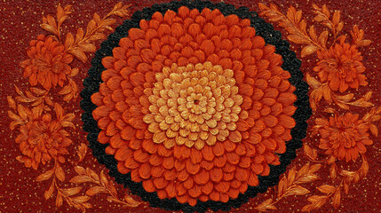 Intricate Orange and Red Floral Embroidery Design