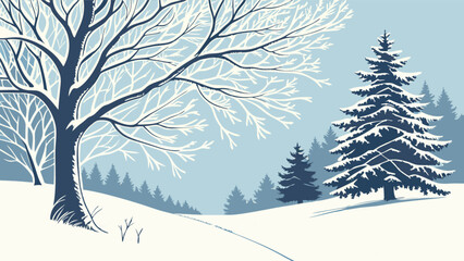 Winter landscape scene with snow covered trees and evergreen forest in a serene christmas scene