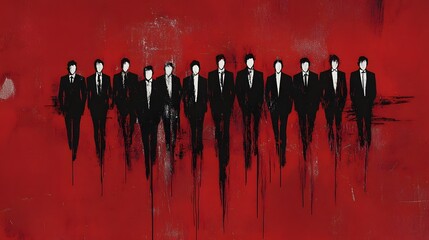 Formal figures in suits against a vibrant backdrop.