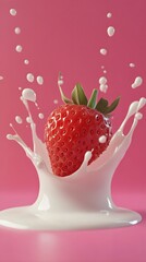 A red strawberry splashing into a pool of milk.