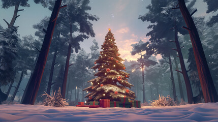 Glowing Christmas tree with gifts in snowy forest at twilight
