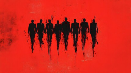 Group of figures in suits walking on a red background.