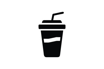 Refreshing Black and White Icon: Disposable Cup with Straw, Minimalist Style, Clean Design, Perfect for Branding, Restaurant Menus, Beverage Websites, and Fast Food Applications, Conveying Thirst-Quen