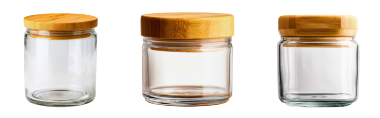 Set of modern transparent glass containers with airtight bamboo lids isolated on a white or transparent background