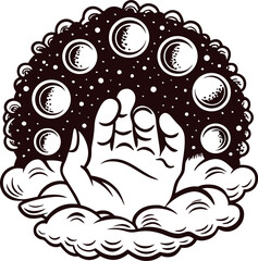 Fototapeta premium Vintage mystical hand reaching through clouds with celestial moon phases illustration