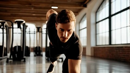 Active athlete during workout using laptop in fitness studio with motivational workout routines