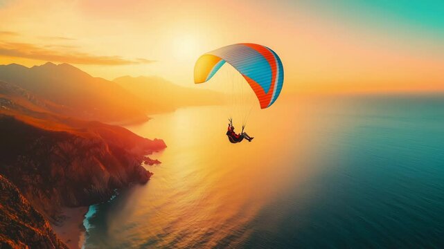 A paraglider soars above the ocean at sunset, enjoying breathtaking views of the shoreline and mountains