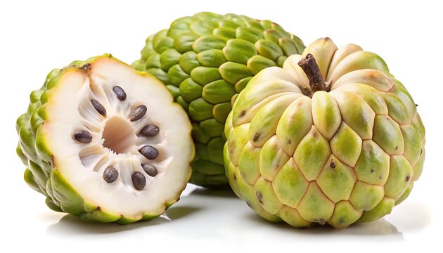 Ripe custard apple (Annona reticulata) whole and halved on white background, exotic Ramphal tropical fruit with creamy interior for gourmet food and organic cooking visuals