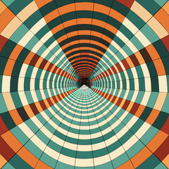 Colorful and abstract optical illusion showcasing warped grids of geometric shapes with a tunnel effect perspective.