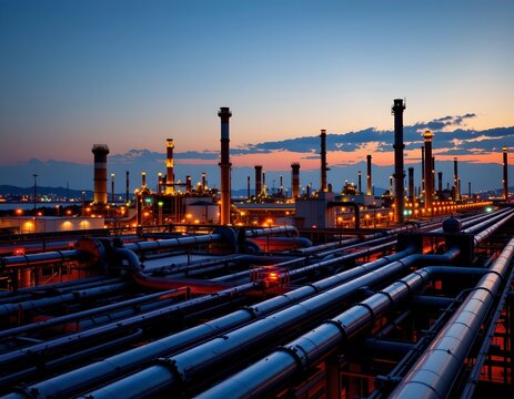 main subject: the image showcases a sprawling industrial plex, dominated by interconnected pipelines and towering structures with illuminated towers