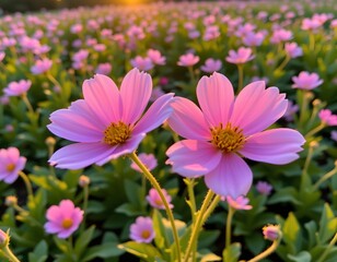 Obraz premium the image is a close up shot of a field filled with pink flowers, the main subjects are two prominent blossoms in the foreground