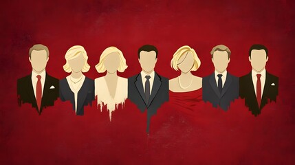 Silhouettes of people in formal wear against a bold background.