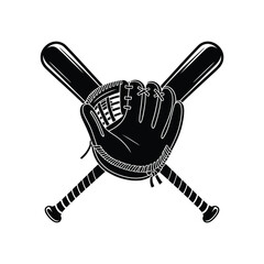Black silhouette of a baseball glove and crossed bats on a white background