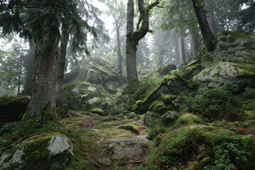 Misty forest scene featuring aged moss covered trees and stones
