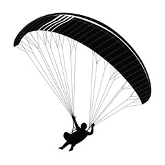 Silhouette of a paraglider in flight against a white background