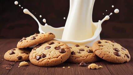 Chocolate chip cookies on a wooden surface with a splash of milk. The cookies are round and golden brown with dark chocolate chips.