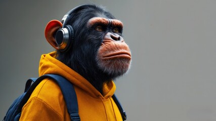 A realistic monkey wearing headphones and a yellow hoodie. The monkey has a serious expression and is standing against a neutral background.