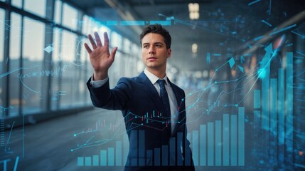 A young Caucasian man in a suit interacts with a digital interface displaying graphs and data in a modern office environment.