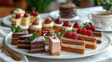 A variety of desserts displayed on a white plate. Includes layered cakes, macarons, and pastries topped with fruits and cream. Coffee cup in the background.