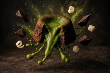 A molten chocolate cake erupts with green matcha filling. Dark chocolate pieces surround the cake, creating a dynamic and appetizing scene.