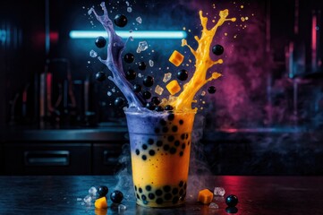 A vibrant drink splashes in a glass, featuring purple and orange colors with bubbles and ice. The background is dark with neon lighting.
