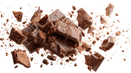 Explosion of milk chocolate bar pieces isolated on a white background. Pattern. Crumbs shavings and Flying Chocolate chunks Top view. Flat lay