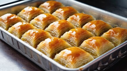 A tray of freshly baked baklava, showcasing golden layers of pastry filled with nuts and drizzled with honey syrup. The dessert is arranged neatly in squares.
