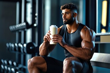 A muscular Middle-Eastern man sits on a bench in a gym, holding a protein shake. He wears a black sleeveless shirt and has short dark hair and a beard.