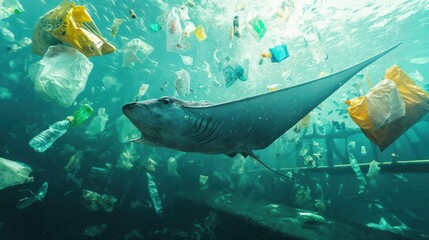 A stingray swims through a polluted ocean filled with plastic waste. Various plastic bags and debris float around, highlighting environmental issues.