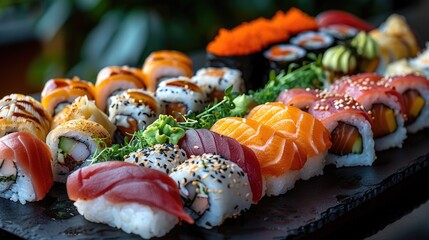 A colorful assortment of sushi rolls arranged on a black platter. The sushi includes various types of fish, vegetables, and garnishes, showcasing vibrant colors and textures.