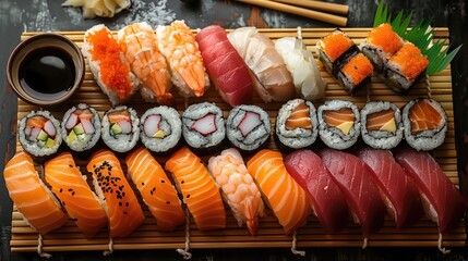 A variety of sushi rolls arranged on a bamboo mat. Includes salmon, tuna, and vegetable rolls, served with soy sauce and wasabi.