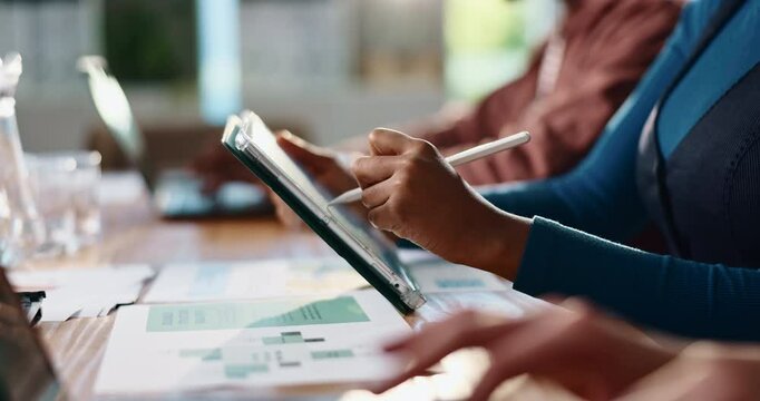 Tablet, pen and hands of businesswoman in office in meeting for writing minutes, notes or summary. Technology, stylus and female administrator with online research for discussion points in workplace.