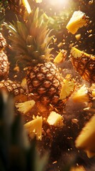 Pineapple slices exploding in a vibrant display.