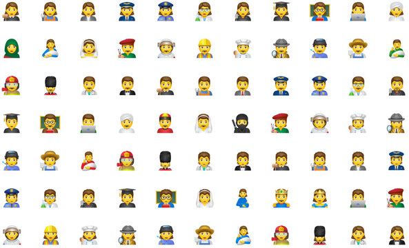 People roles icon set featuring  detective, police officer, scientist, officer, firefighter, student, guard, astronaut, person, woman, man, worker, profession, uniform. Vector icons in emoji style.