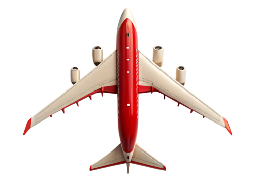 Top down view of a modern red and white passenger jet airplane  isolated on white background, PNG